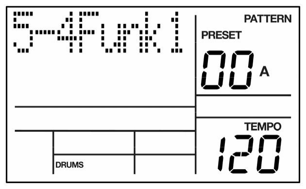 LCD: 5-4Funk1, PATTERN, PRESET, pattern 00 A, TEMPO 120, DRUMS