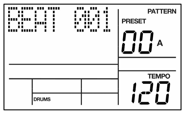 LCD while the Preset Pattern plays: BEAT 001, PATTERN, PRESET, pattern 00 A, TEMPO 120