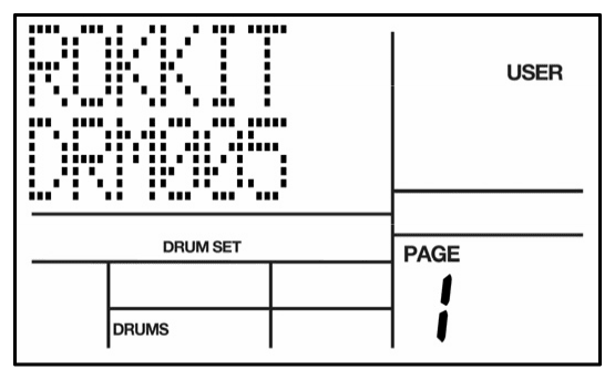 LCD in Drum Set page 1: ROKKIT DRM005, USER, DRUM SET, DRUMS, PAGE 1