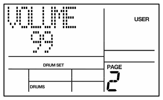 LCD on Drum Set page 2: VOLUME 99, USER, DRUM SET, DRUMS