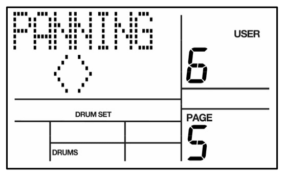 LCD on Drum Set page 5: PANNING <> (center) for pad 6