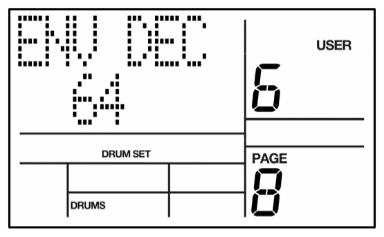 LCD on Drum Set page 8: ENV DEC 64 for pad 6, DRUMS