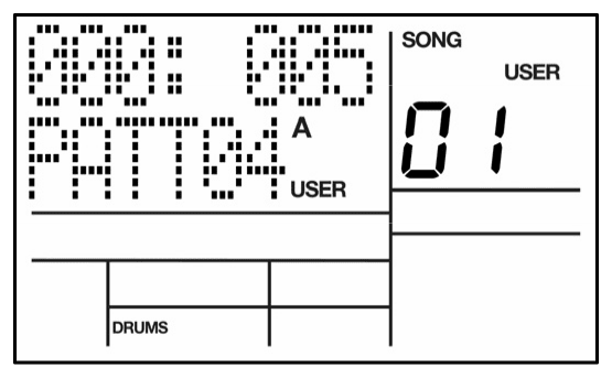 LCD while a Song plays: 000: 005 on the top line (step and beat), PATT04 A USER on the bottom line, SONG 01