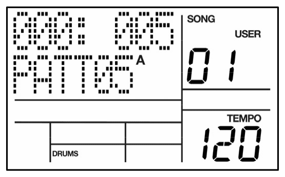 LCD recording a Song: 000: 005, PATT05 A, SONG 01, TEMPO 120