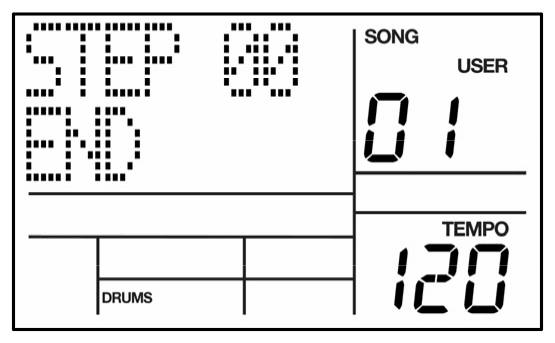 LCD in Song Step Edit: STEP 00 END, SONG 01