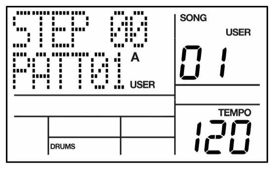 LCD: STEP 00, PATT01 A USER, SONG 01