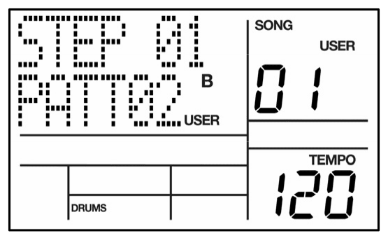 LCD: STEP 01, PATT02 B USER, SONG 01
