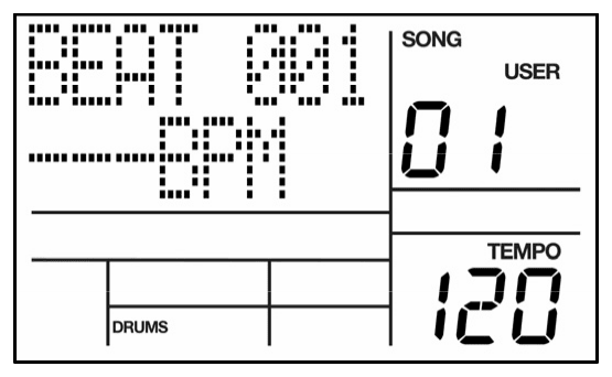 LCD in Tempo Event Edit: BEAT 001, ---BPM (no tempo event), SONG 01
