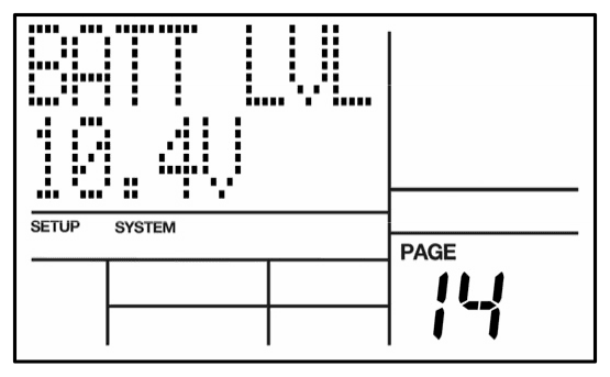 LCD on System Setup page 14: BATT LVL 10.4V