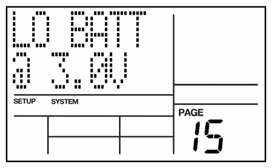 LCD on System Setup page 15: LO BATT @ 3.0V