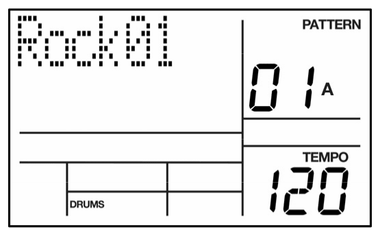 LCD in Pattern mode: Rock01, PATTERN, pattern 01 A, TEMPO 120