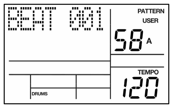 LCD while recording: BEAT 001, User Pattern 58 A, TEMPO 120
