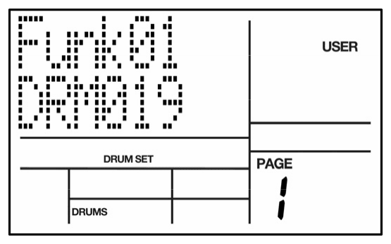 LCD: Funk01 DRM019, USER, DRUM SET, PAGE 1