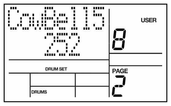 LCD: pad 8 assigned sound 252 CowBel15, DRUM SET, PAGE 2
