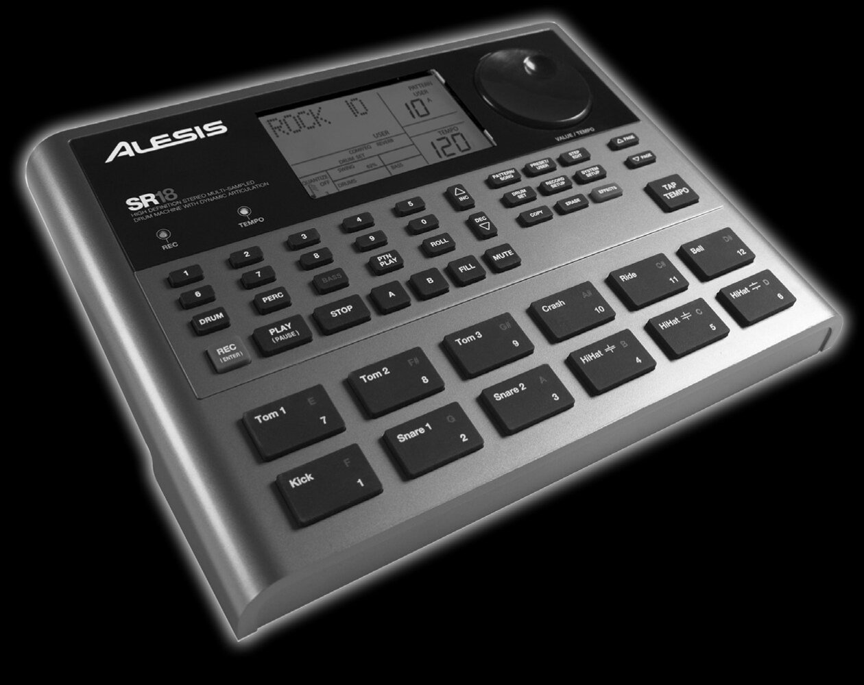 The Alesis SR18: an LCD and VALUE / TEMPO dial at the top, rows of mode, setup and transport buttons below, and twelve velocity-sensitive pads at the front
