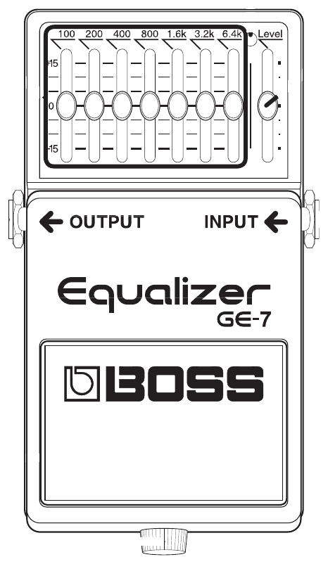 The GE-7 from the front, with the seven graphic-equalizer sliders and Level slider on top, and OUTPUT/INPUT jacks, wordmark, BOSS logo and thumbscrew below
