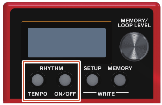 The RHYTHM [TEMPO] and [ON/OFF] buttons, highlighted