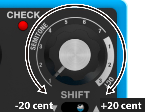In DETUNE, the SHIFT knob's travel runs from -20 cent to +20 cent
