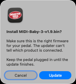 A confirmation dialog repeating the firmware file name, with an Update button