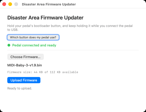 The DAD Firmware Updater window showing the chosen firmware file name and its size