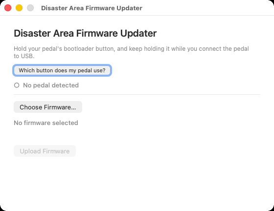 The DAD Firmware Updater window showing No pedal detected, with the status dot not green