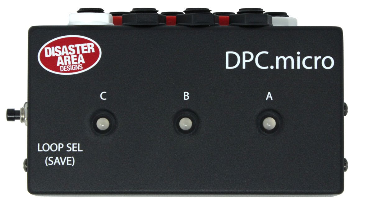 Top view of the DPC.micro NS: a black enclosure with LEDs C, B and A on the lid and the LOOP SEL (SAVE) button on the side