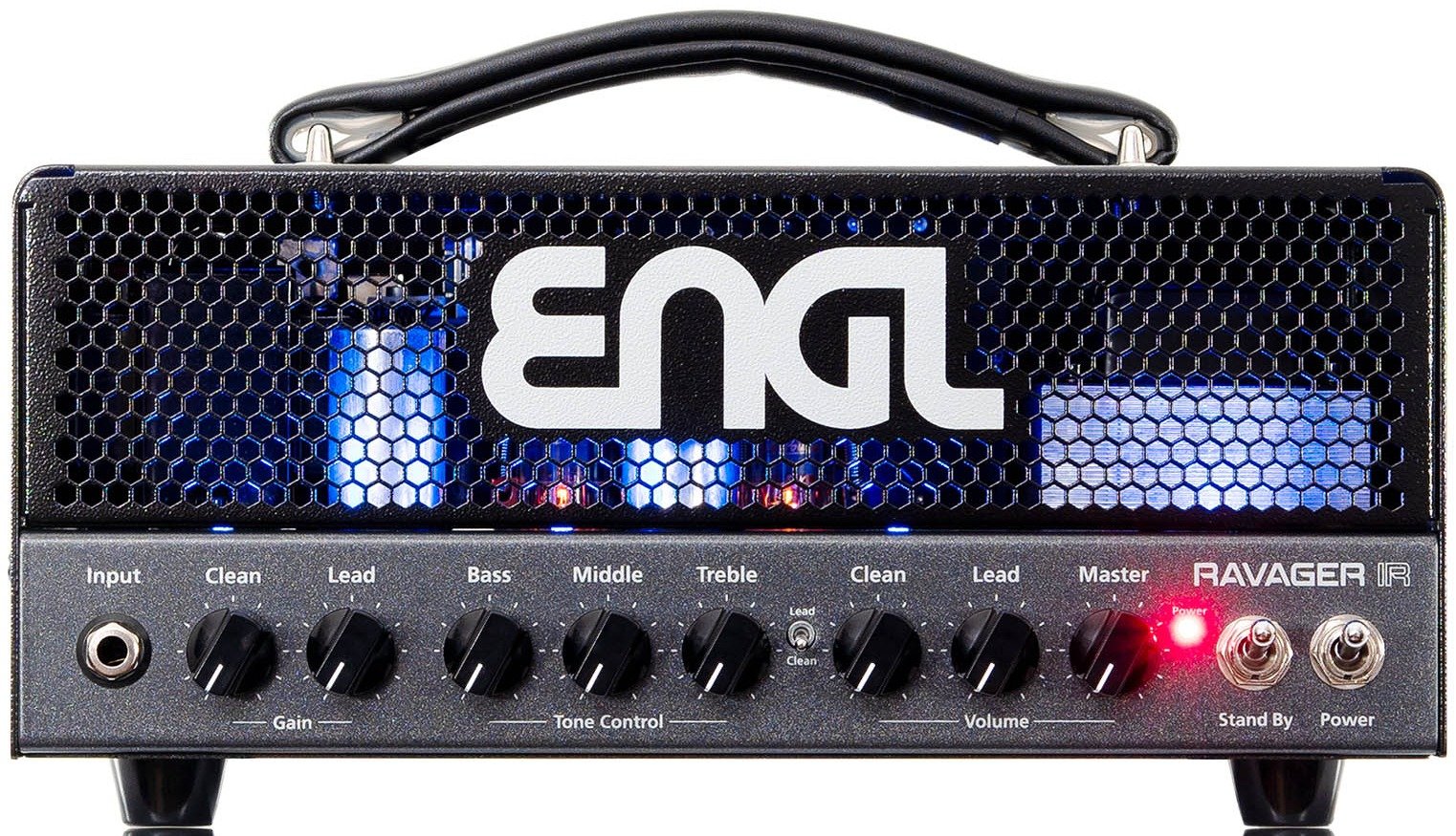 The ENGL E725 Ravager IR: a compact black lunchbox head with a perforated grille over the glowing tubes, and a front panel carrying, left to right, the Input jack, the Clean and Lead Gain knobs, Bass, Middle and Treble, a Lead/Clean toggle, the Clean and Lead Volume knobs, Master with the red Power LED beside it, and the Stand By and Power switches.