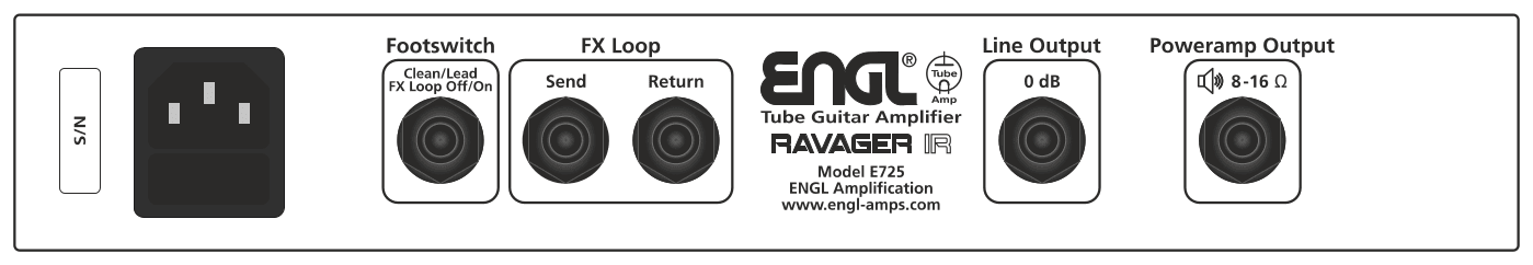 The lower rear panel, left to right: the serial-number plate; the IEC C14 mains inlet; the Footswitch jack legended Clean/Lead FX Loop Off/On; the FX Loop Send and Return jacks; the ENGL plate reading Tube Guitar Amplifier, RAVAGER IR, Model E725, ENGL Amplification, www.engl-amps.com; the Line Output jack marked 0 dB; and the Poweramp Output jack marked 8&ndash;16 ohms.