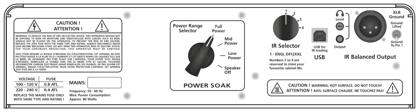 The upper rear panel, left to right: the mains type plate, carrying a bilingual fire-and-shock caution and a table reading VOLTAGE 100&ndash;120 V, FUSE 0.8 ATL and VOLTAGE 220&ndash;240 V, FUSE 0.4 ATL, MAINS frequency 50&ndash;60 Hz, max. power consumption approx. 80 Watts, and REPLACE THE MAINS FUSE ONLY WITH SAME TYPE AND RATING; the POWER SOAK rotary Power Range Selector with the positions Full Power, Mid Power, Low Power and Speaker Off; the IR Selector rotary marked 1 to 4, legended 1 = ENGL E412XXL, numbers 2 to 4 reserved for your own cabinet IRs; the USB socket for IR loading; the headphone jack with its Level and Output knobs; the IR Balanced Output XLR with a Ground switch offering Ground, Ground Lifted and Ground To Pin 1; and a caution reading HOT SURFACE, DO NOT TOUCH.