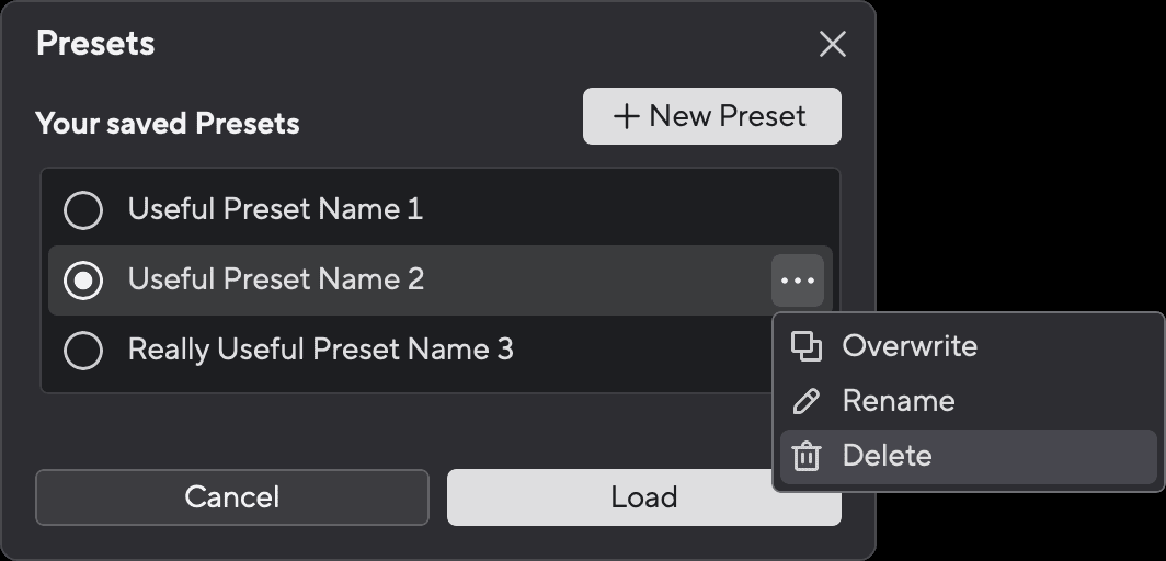 Presets list with the Overwrite, Rename and Delete menu open for a preset
