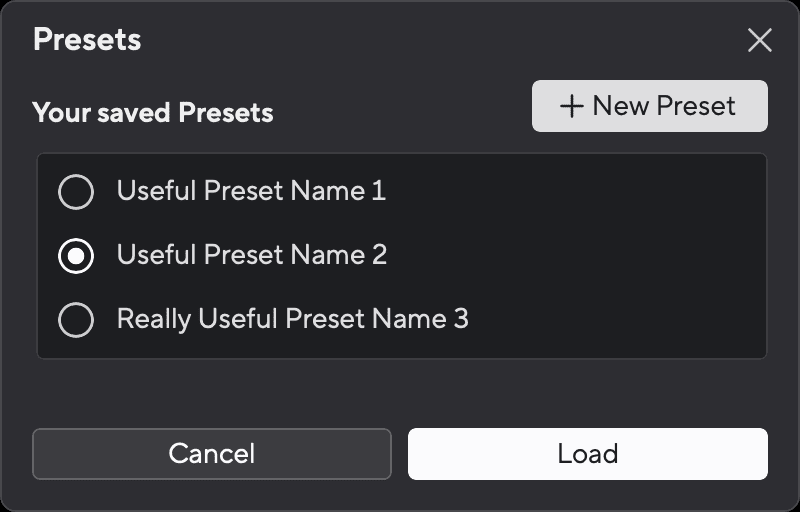 Presets list with a saved preset selected and a Load button