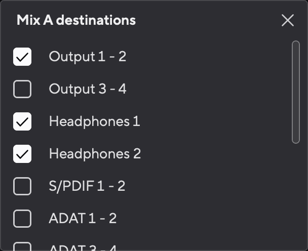 Mix A destinations checklist pop-up, listing Output 1-2, Output 3-4, Headphones 1, Headphones 2, S/PDIF 1-2 and ADAT 1-2