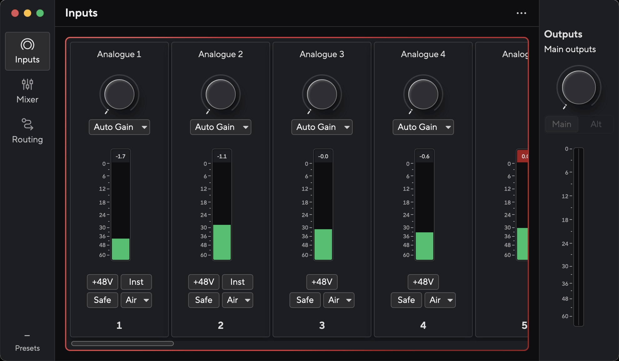 Focusrite Control 2 mixer tab showing four input channels