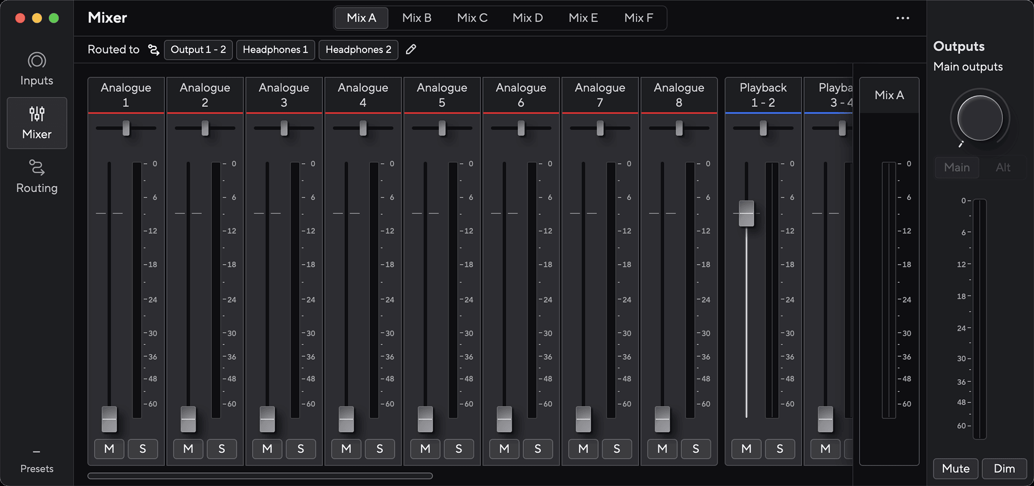 The Mixer tab in Focusrite Control 2, showing eight analogue input channel strips and the playback and Mix A output strips