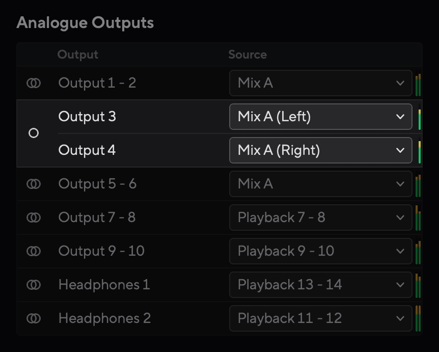 Analogue Outputs list with Output 3 and Output 4 split into independent Mix A (Left) and Mix A (Right) sources