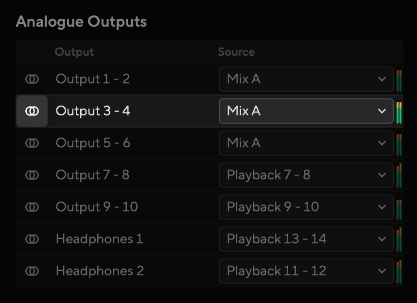 Analogue Outputs list with Output 3-4 as a stereo pair routed to Mix A