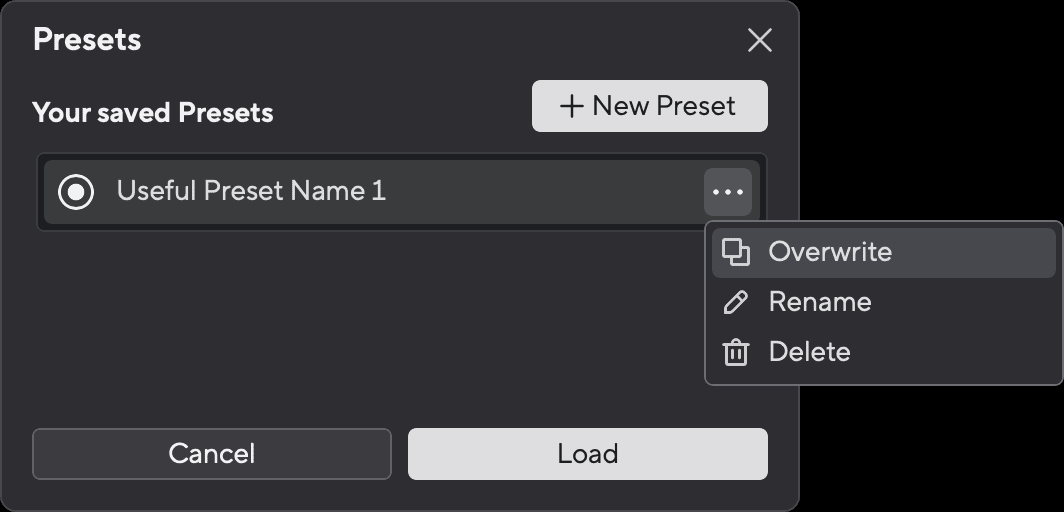 Presets list with the Overwrite, Rename and Delete menu open for a preset