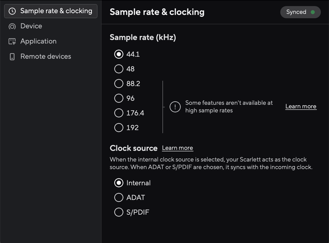 Focusrite Control 2 Preferences page open on the Sample rate & clocking tab, with tabs for Sample rate & clocking, Device, Application and Remote devices