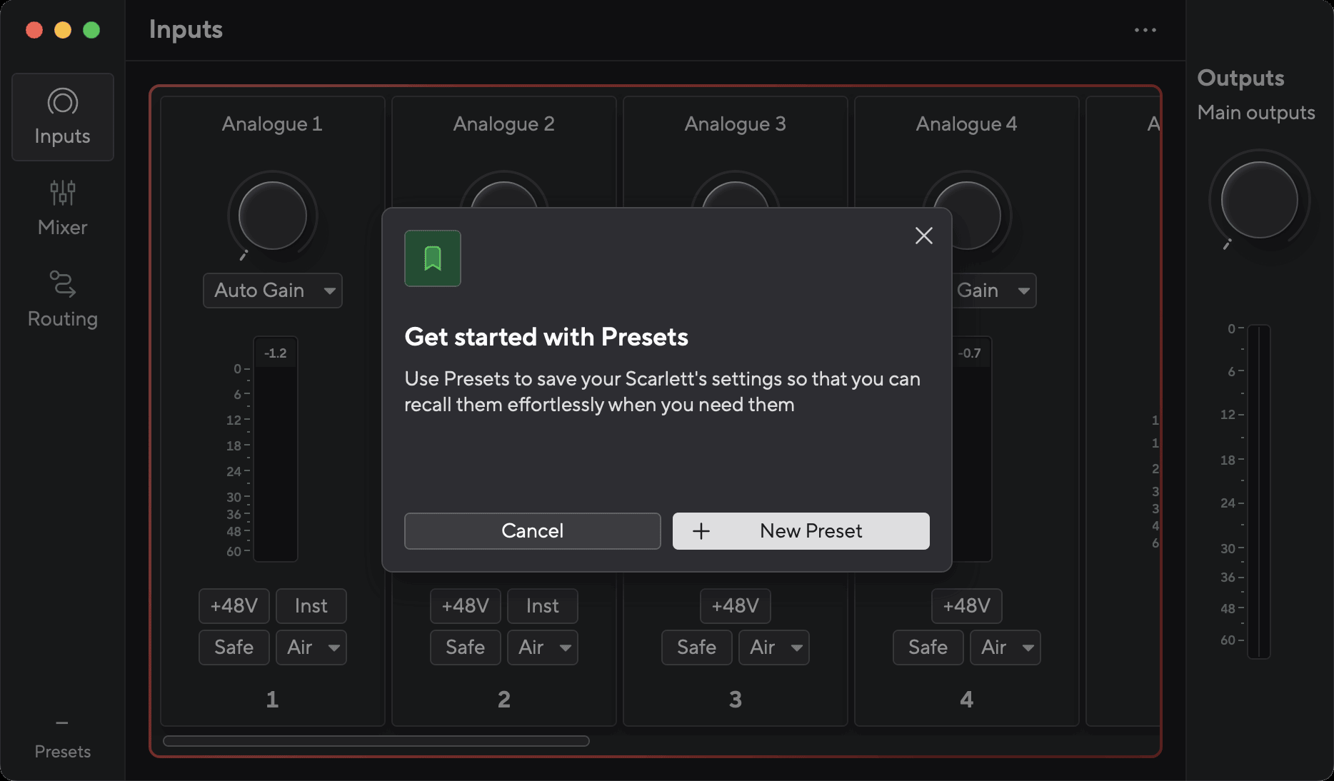 Focusrite Control 2 Inputs page showing the Get started with Presets pop-up