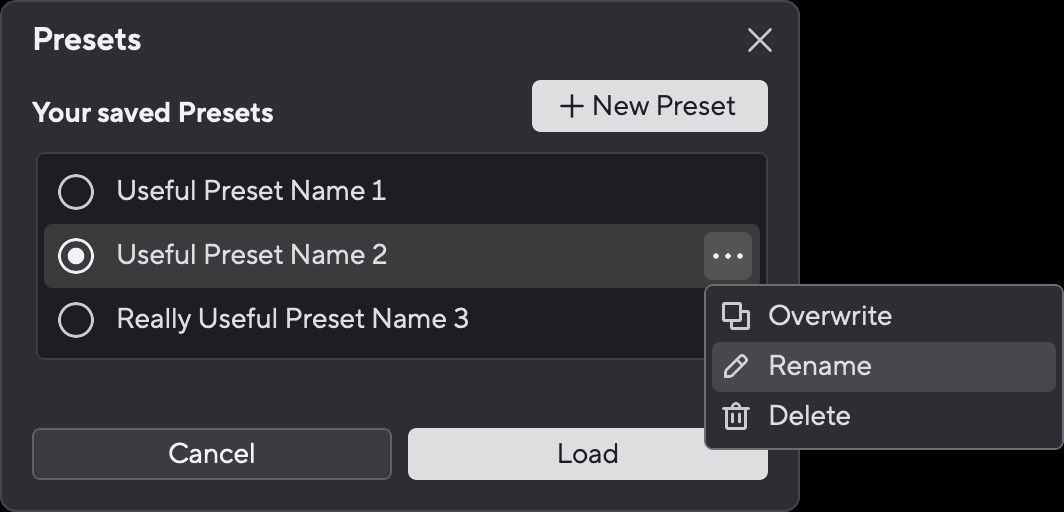Presets list with the Overwrite, Rename and Delete menu open for a preset