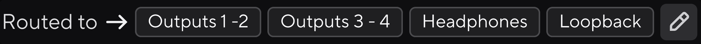 Routed to indicator listing Outputs 1-2, Outputs 3-4, Headphones and Loopback, with an edit pencil
