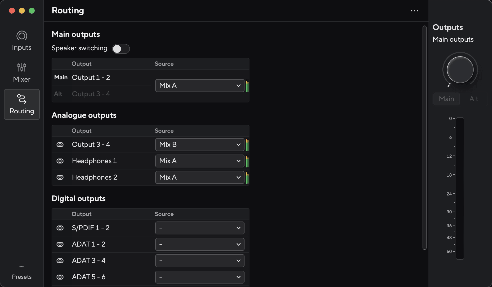 The Routing tab in Focusrite Control 2, listing Main outputs, Analogue outputs and Digital outputs with their Source dropdowns
