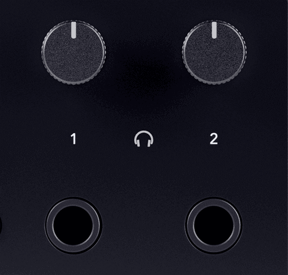 Two headphone level knobs and TRS output jacks on the Scarlett 18i16 front panel