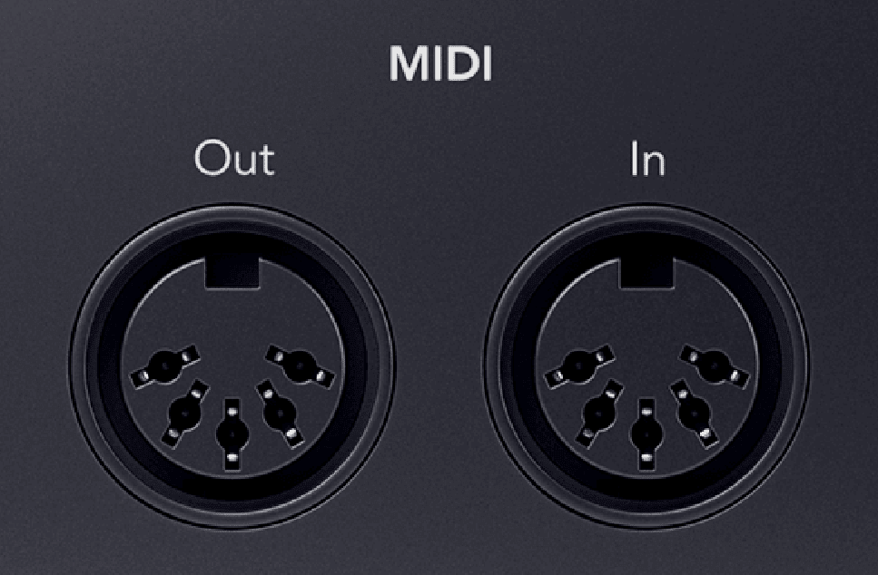 MIDI Out and In 5-pin DIN sockets on the Scarlett 18i16 back panel