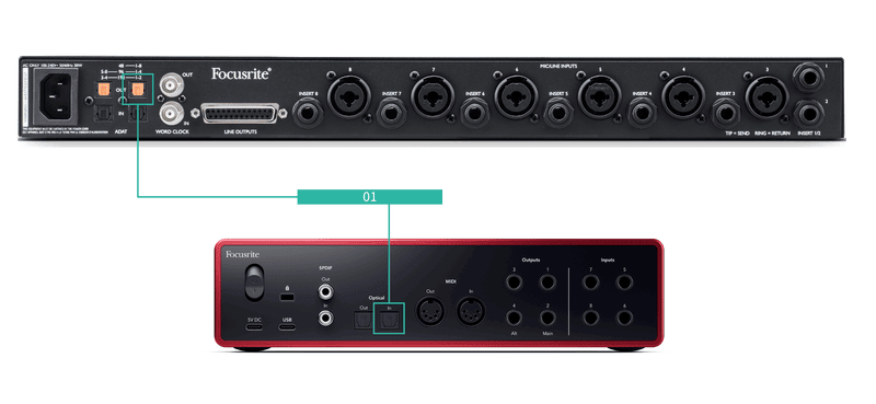 Scarlett 18i16 connected as a clock follower to an external ADAT preamp with one TOSLINK cable
