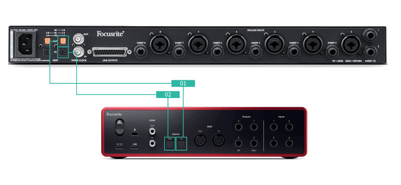 Scarlett 18i16 connected as a clock leader to an external ADAT preamp with two TOSLINK cables