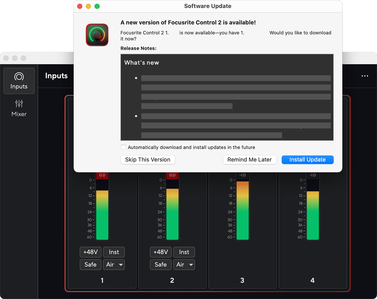 Focusrite Control 2 update dialogue on macOS