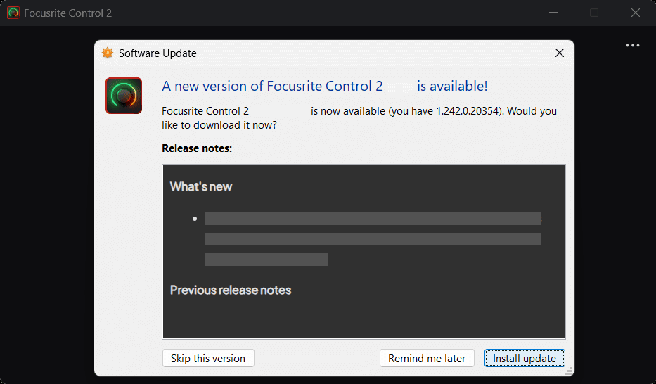 Focusrite Control 2 update dialogue on Windows