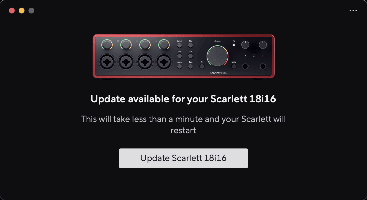 Focusrite Control 2 dialogue: update available for your Scarlett 18i16