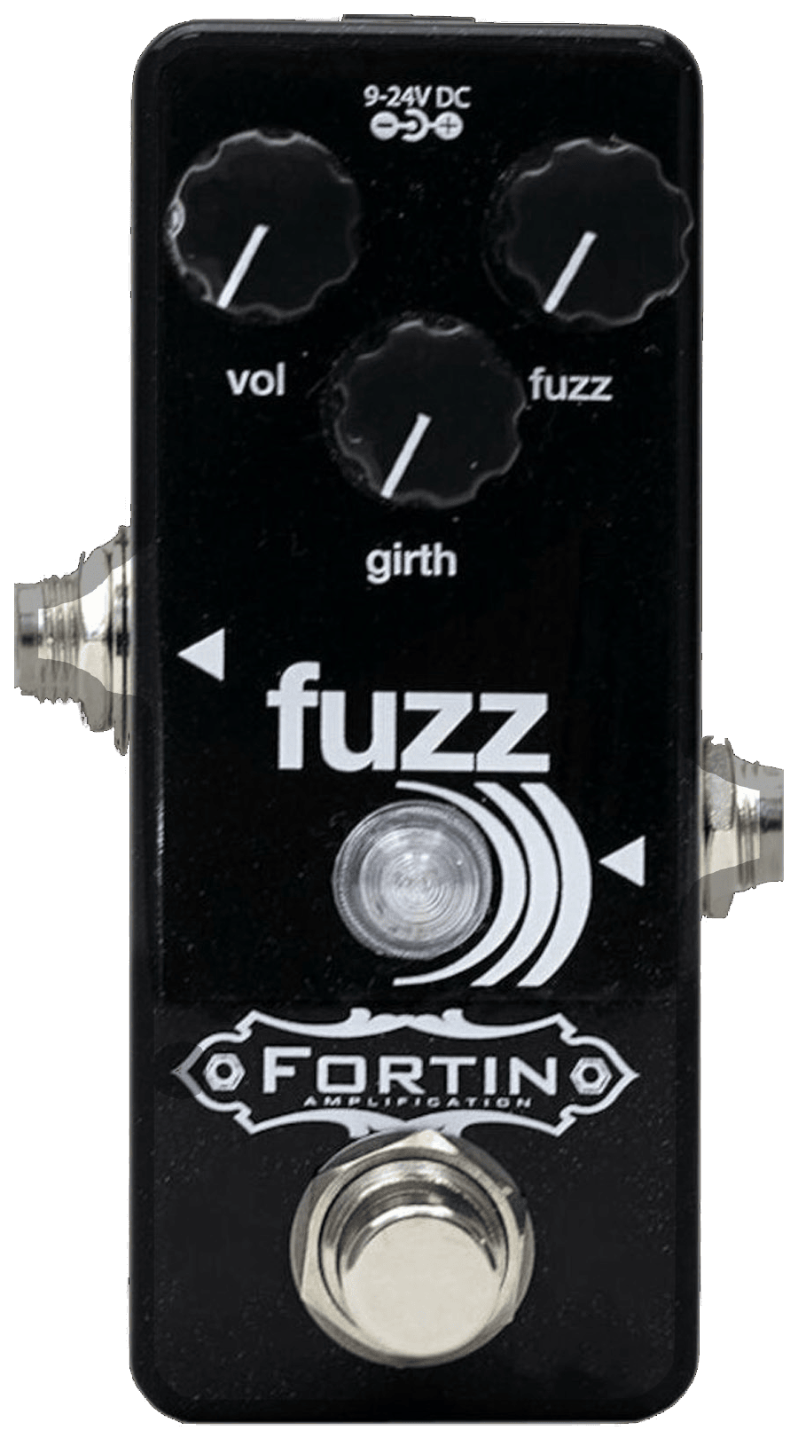 The Fortin Fuzz))) pedal: vol, fuzz and girth knobs, a 9-24 V DC jack on top, input and output jacks on the sides and a true bypass footswitch